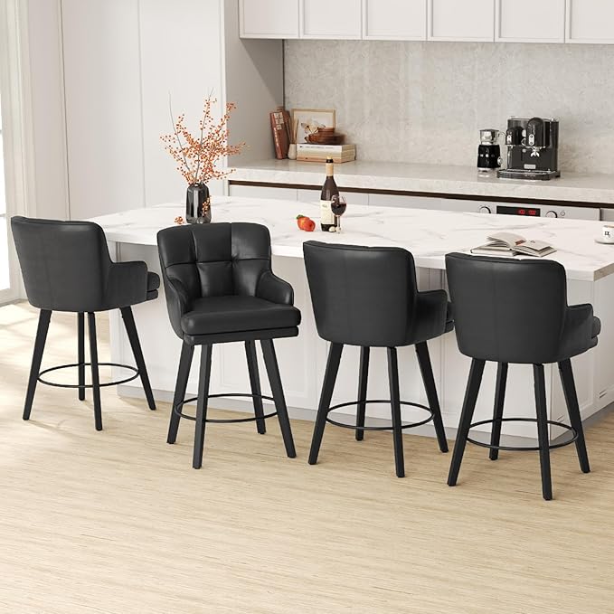 360°Swivel Counter Height Bar Stools with Back, 26 inch Solid Wood Legs, Bar Stool Modern Kitchen Island Chairs, Faux Leather (Black- Faux Leather, 26" H- Set of 3)
