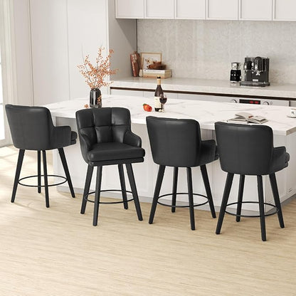 360°Swivel Counter Height Bar Stools with Back, 26 inch Solid Wood Legs, Bar Stool Modern Kitchen Island Chairs, Faux Leather (Black- Faux Leather, 26" H- Set of 4)