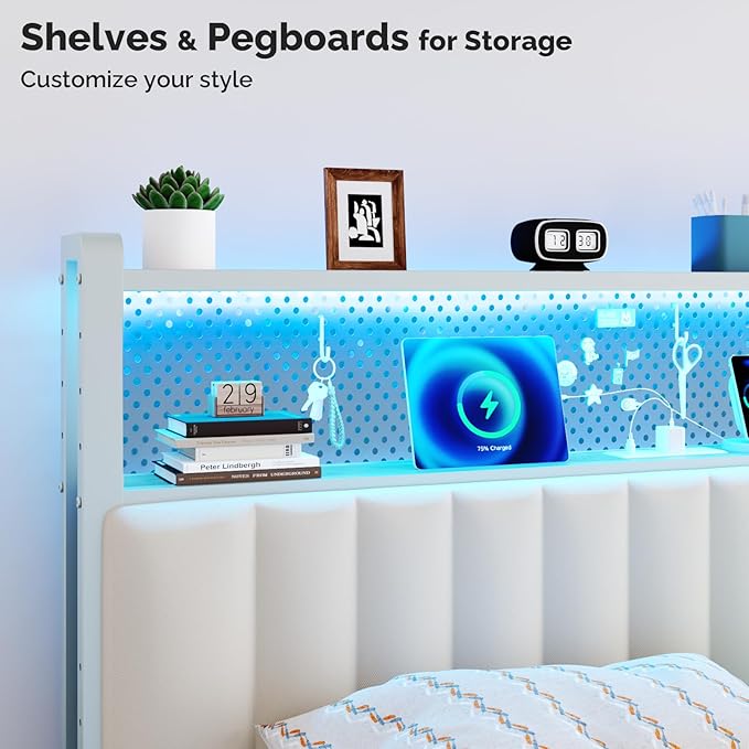 VINGLI Full Size Headboard Only, Adjustable Upholstered Headboard with 2 Tier Shelves and Pegboard with Charging Stations and LED Lights, Modern Bed Headboard with Storage for Bedroom Decor
