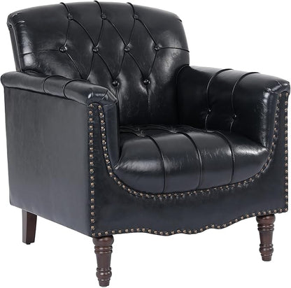 UIXE Faux Leather Accent Chair for Living Room, Tufted Arm Chair Retro Upholstered Club Armchair with Solid Wood Legs, Black Blue
