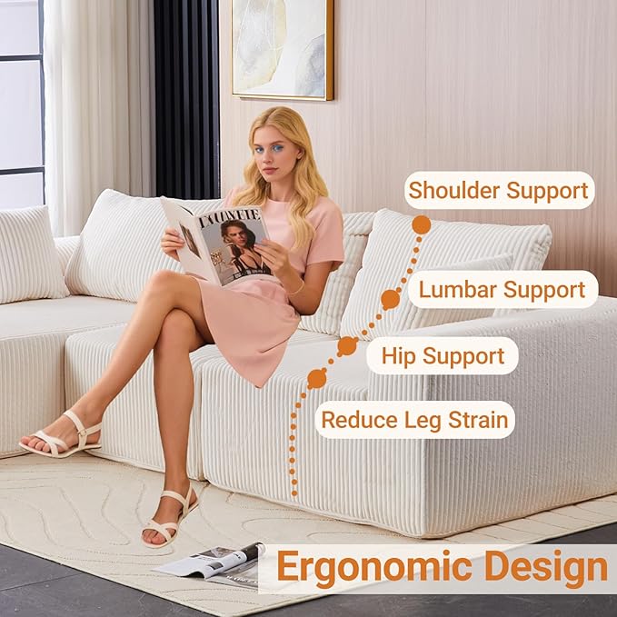 Sidanli 110" Modular Sectional Sofa, Cloud Sectional Couch with L-Shape Chaise, Modern Couch with Deep Seat for Living Room Bedroom, No Assembly Required, Beige (Soft Corduroy Fabric, Left Facing)
