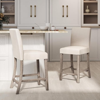 COSTWAY Counter Height Bar Stools Set of 2, 24.5’’ Upholstered Mid Century Modern Island Chairs with Rubber Wood Legs, Wooden Barstools for Kitchen, Dining Room, Bar, Restaurant (Beige)