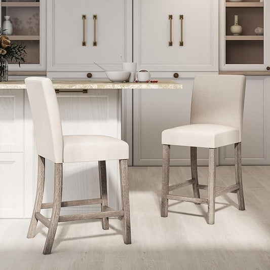 COSTWAY Counter Height Bar Stools Set of 4, 24.5’’ Upholstered Mid Century Modern Island Chairs with Rubber Wood Legs, Wooden Barstools for Kitchen, Dining Room, Bar, Restaurant (Beige)