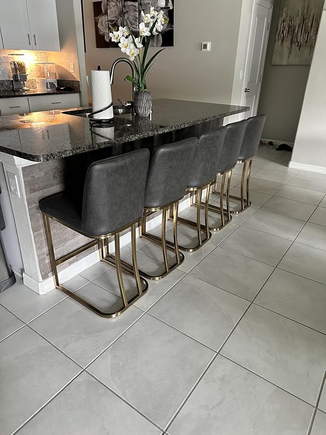 MAISON ARTS Counter Height Bar Stools with Back Set of 4 for Kitchen Counter, 24 Inch Modern Upholstered Faux Leather Barstools Farmhouse Bar Chairs Luxury Island Stools Support 330LBS, Grey & Gold