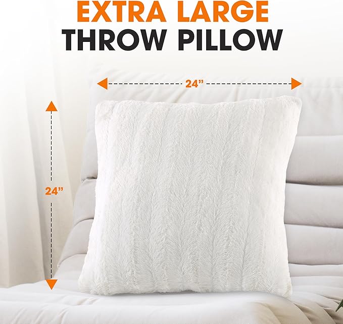 Cheer Collection Faux Fur Throw Pillows - Decorative Pillows for Couch, Bed Throw Pillows, White Accent Pillows for Bedroom or Living Room Aesthetic, Set of 2 Furry Throw Pillows, 24" x 24"