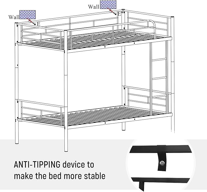 Merax Twin Over Twin Metal Bunk Bed with Ladder and high Guardrail, Able to Split, Storage Space, No Box Spring Needed, Noise Free,Silver