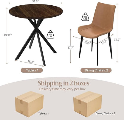31.5" Round Dining Table and Chairs Set for 2, Small Dining Table Chairs Set Space-Saving, Small Dinette Sets for 2 for Kitchen Dining Room Apartment(Walnut Table + Brown Chairs)