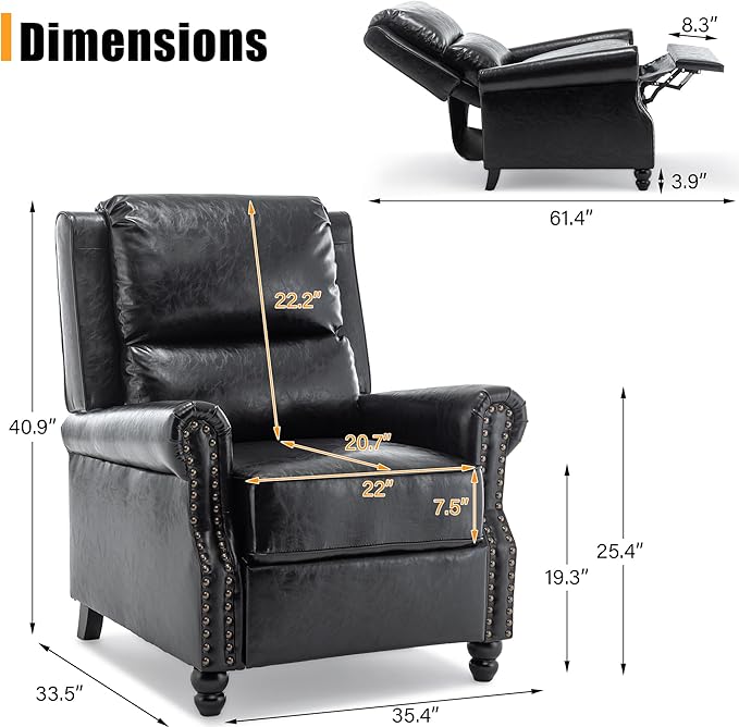 Faux Leather Recliner Chair, Modern Pushback Armchair with Adjustable Backrest & Footrest for Bedroom, Living Room, Black, Set of 1
