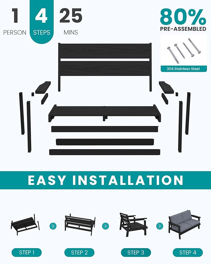 SERWALL Outdoor Loveseat, Black Frame and Grey Cushion