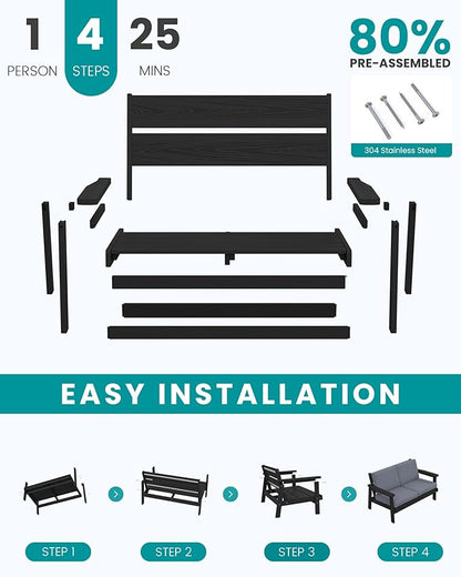 SERWALL HDPE Outdoor Patio Loveseat, Black Frame and Grey Cushion