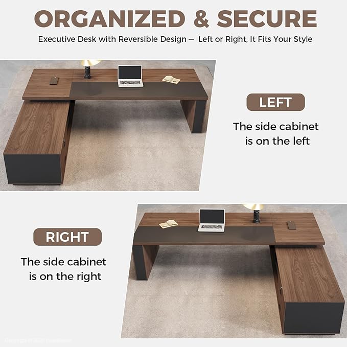 L-Shaped Executive Desk with LED Lights, Lockable Storage & 3-in-1 Charging Station, Reversible Cabinet, Modern Wood Office Desk for CEO, Manager & Home Office(Black Walnut+Khaki, 95"L*71"W*30"H)