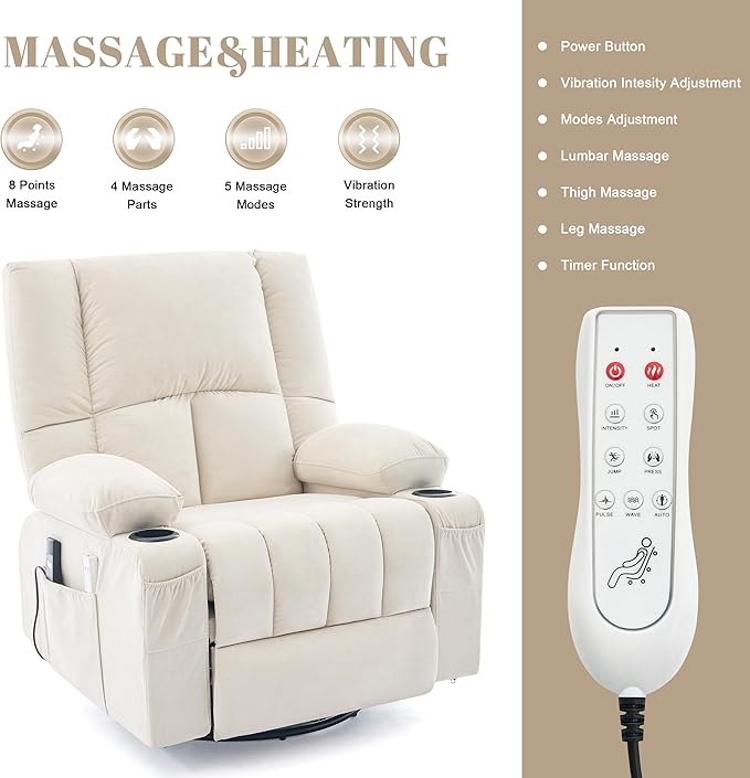 Swivel Rocker Chair with Heat and Massage, 270° Power Recliner Chairs for Adults, USB and Type-C Ports, Oversized Recliner Single Sofa, Electric Glider Chair(Beige)