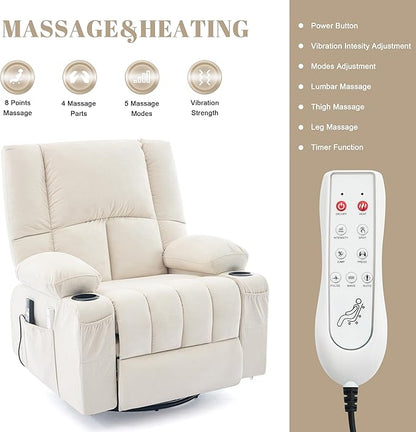 Swivel Rocker Chair with Heat and Massage, 270° Power Recliner Chairs for Adults, USB and Type-C Ports, Oversized Recliner Single Sofa, Electric Glider Chair(Beige)