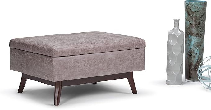 SIMPLIHOME Owen 34 inch Wide Mid Century Modern Rectangle Coffee Table Storage Ottoman in Distressed Grey Taupe Vegan Faux Leather, Assembled, for the Living Room, Entryway and Family Room