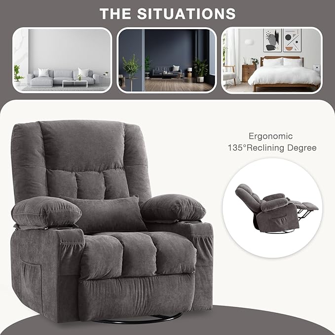 BOSMILLER Massage Swivel Rocker Recliner Chair with Vibration Massage and Heat Ergonomic Lounge Chair for Living Room with Rocking Function and Side Pocket, 2 Cup Holders, USB Charge Port