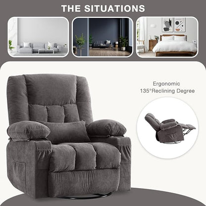 BOSMILLER Massage Swivel Rocker Recliner Chair with Vibration Massage and Heat Ergonomic Lounge Chair for Living Room with Rocking Function and Side Pocket, 2 Cup Holders, USB Charge Port