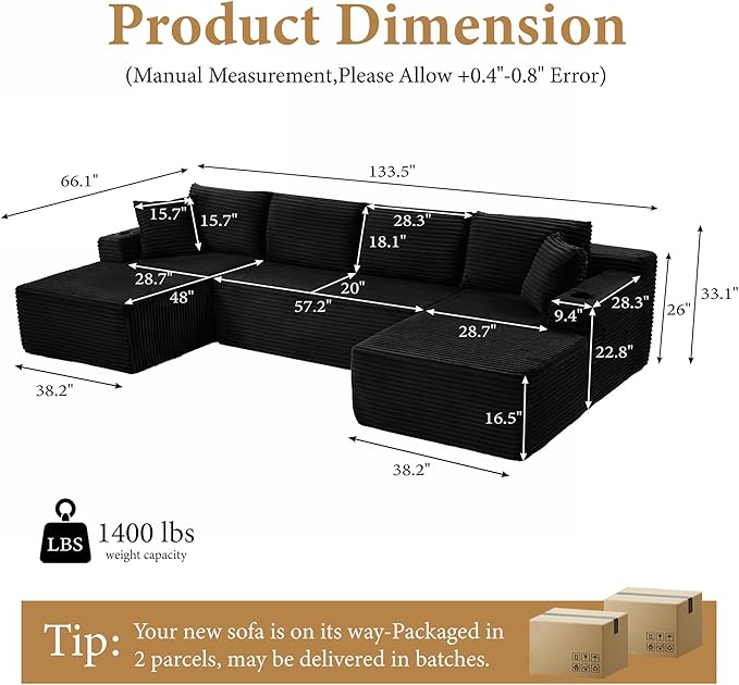 134''Oversized Modular Sectional Sofa Boneless Cloud Couch with Chaise Comfy Sectional Couches for Living Room,Bedroom,Apartment (Black, 134''W U-Shaped)