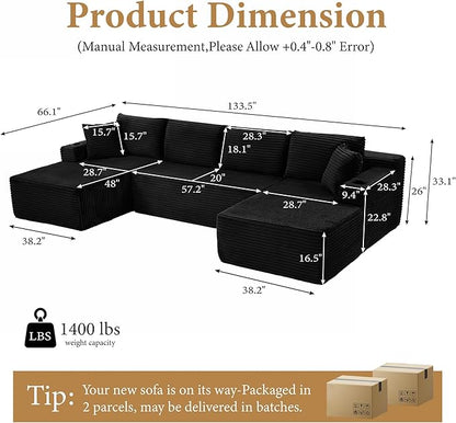 134''Oversized Modular Sectional Sofa Boneless Cloud Couch with Chaise Comfy Sectional Couches for Living Room,Bedroom,Apartment (Black, 134''W U-Shaped)