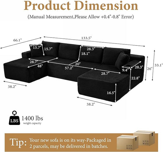 134''Oversized Modular Sectional Sofa Boneless Cloud Couch with Chaise Comfy Sectional Couches for Living Room,Bedroom,Apartment (Black, 134''W U-Shaped)