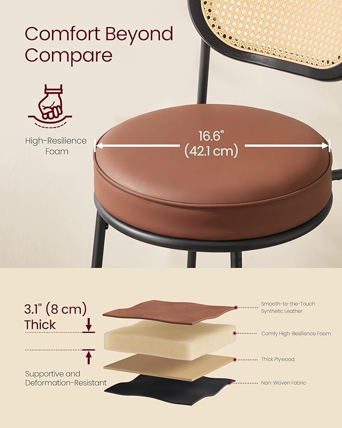 VASAGLE Bar Stools Set of 2, Bar Height Stools with Rattan Back and Metal Legs, 25.1-Inch Tall Counter Chairs, Modern Leather Upholstered Barstools for Kitchen Island Dining Room, Caramel Brown