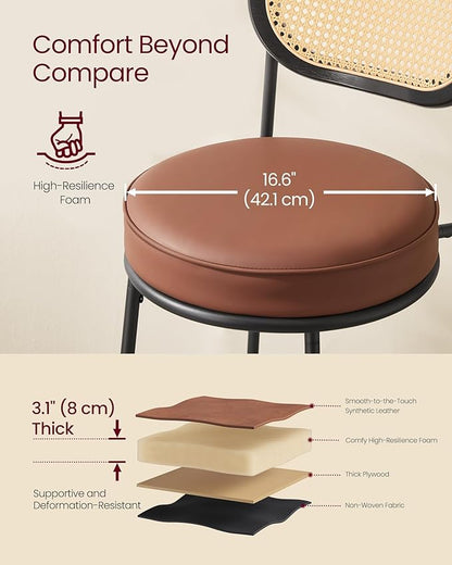 VASAGLE Bar Stools Set of 2, Bar Height Stools with Rattan Back and Metal Legs, 25.1-Inch Tall Counter Chairs, Modern Leather Upholstered Barstools for Kitchen Island Dining Room, Caramel Brown