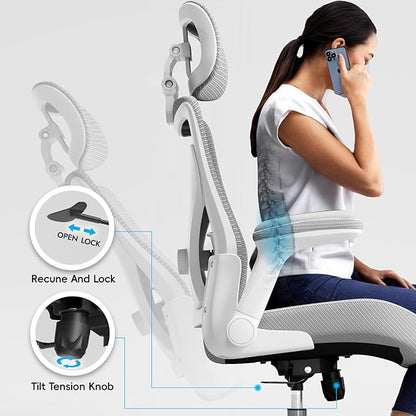 Office Home Ergonomic Desk Chair-Computer X-Shaped Chair Mesh PU Leather with Adjustable Lumbar Support-Executive Chair High Back with Headrest Flip-Up Arms for Long Hours (Grey)