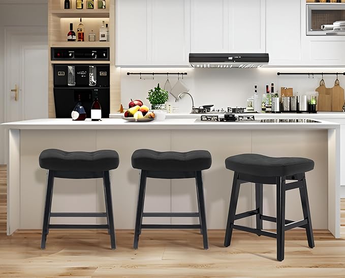 Counter Height Black Bar Stools Set of 3 for Kitchen Counter Farmhouse Modern Barstools with Faux Leather Upholstered Backless Seat and Solid Wood Legs 24 inch Bar Chairs