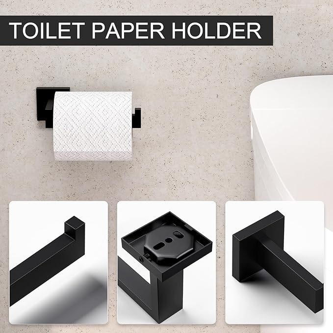 5-Piece Matte Black Bathroom Accessories Set, SUS304 Stainless Steel Wall Mounted 16 Inch Hand Towel Bar, Toilet Paper Holder, Towel Ring, Towel Hooks, Bathroom Hardware Set, Towel Bar Set