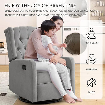 360 Swivel Rocker Recliner Chair for Adults, Nursery Chair for Small Spaces Living Room, Upholstered Fabric Glider Recliner, Pigeon Grey