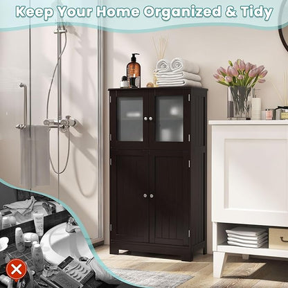 COSTWAY Bathroom Storage Cabinet, Wooden Linen Storage Organizer Cupboard with Doors & Adjustable Shelf, Freestanding Floor Cabinet for Living Room, Kitchen, Entryway, Office (Brown)