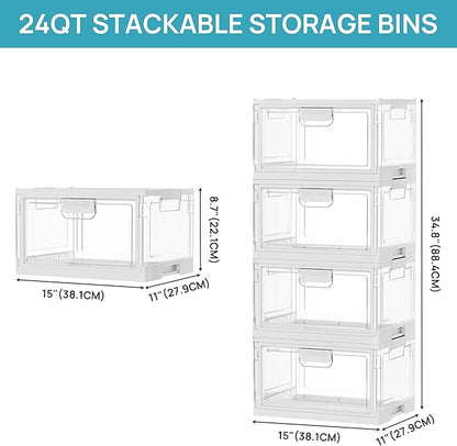 Vtopmart 2 Pack Clear Stackable Storage Bins with Lids 24QT, Foldable Storage Boxes with Doors Open Front, Plastic Closet Organizer for Craft, Toys, Pantry Organization