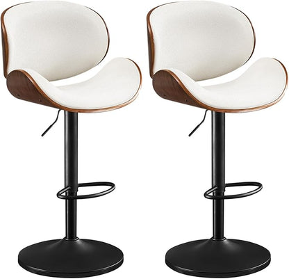 Furniliving Adjustable Bar Stools Set of 2, Swivel Bentwood Barstools Counter Height Bar Stools, Ergonomic Modern Bar Stools with Back Upholstered Barstools for Dining Room, Kitchen, Bar, White, PU