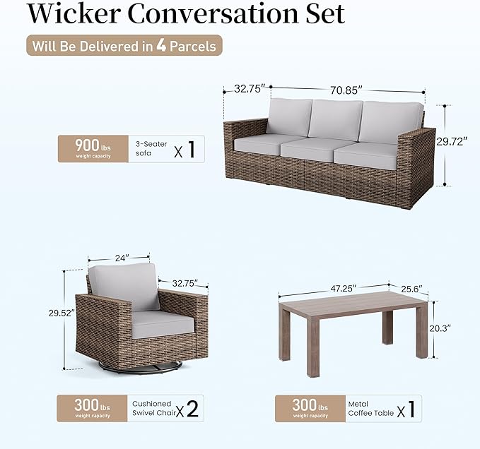 Swivel Glider 4 Piece Patio Furniture Set with Swivel Chairs, Patio Set with 4.92" Extra Wide Armrest, Wicker Patio Furniture with 26.3" Deep Seating and 5.5" Thick Cushions, Grey