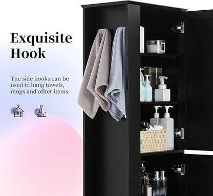 Tall Freestanding Storage Cabinet, Multi-Purpose Floor Organizer with 2 Doors, Hook and Adjustable Shelf for Bathroom, Office, Black