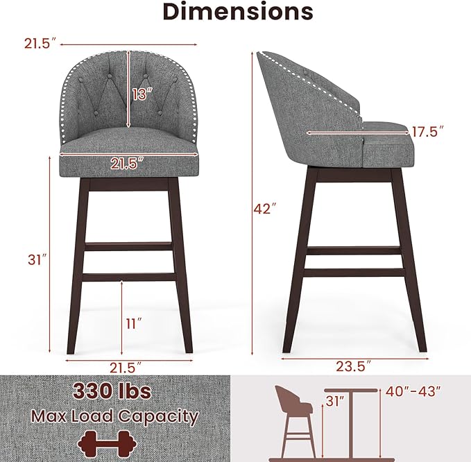 COSTWAY Bar Stools Set of 2, 31’’ Swivel Bar Stools with Rubber Wood Legs & Padded Back, Breathable Linen Fabric, Stylish Tufted Design & Rivet Decoration, Adjustable Foot Pads (2, Grey + Brown)