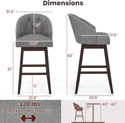 COSTWAY Bar Stools Set of 2, 31’’ Swivel Bar Stools with Rubber Wood Legs & Padded Back, Breathable Linen Fabric, Stylish Tufted Design & Rivet Decoration, Adjustable Foot Pads (2, Grey + Brown)