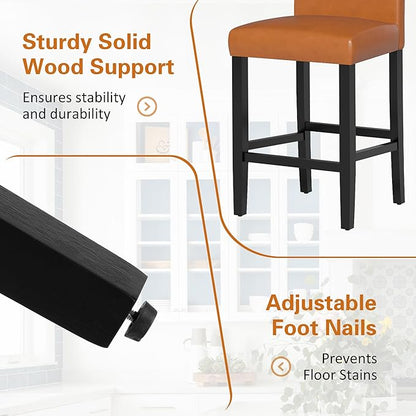 LSSPAID Counter Height Bar Stools Set of 2, 24.8 Inch Upholstered PU Leather Barstools, Modern Kitchen Island Chairs with Backrest and Solid Wood Legs, Light Brown