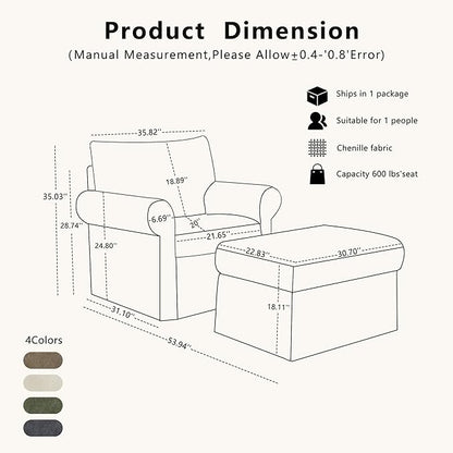 35.82" Accent Chair with Ottoman Upholstered Living Room Chairs for Reading Chair with Chaise Lounge Chairs Indoor, Comfortable Armchair for Bedroom (Gray, 35.82")