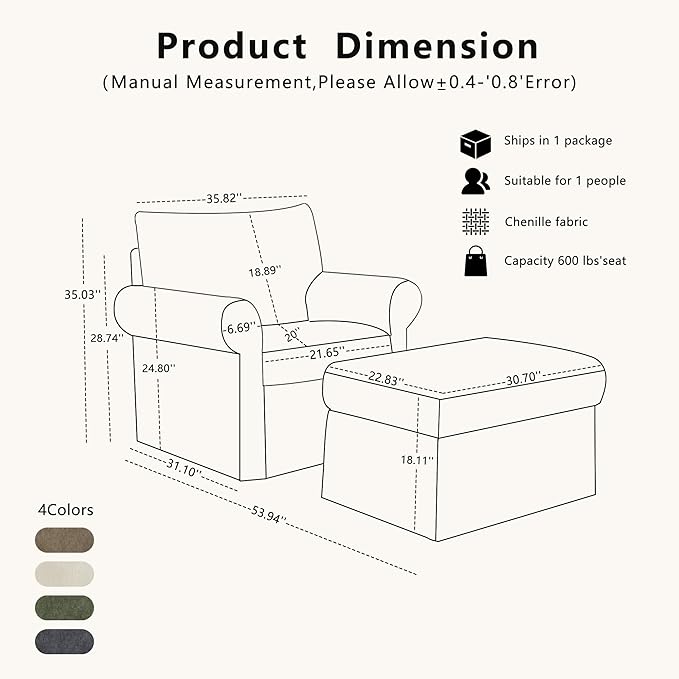 35.82" Accent Chair with Ottoman Upholstered Living Room Chairs for Reading Chair with Chaise Lounge Chairs Indoor, Comfortable Armchair for Bedroom (Beige, 35.82")