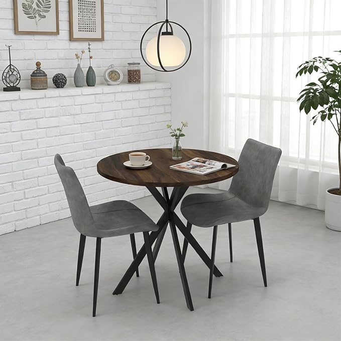 31.5" Round Dining Table and Chairs Set for 2, Small Dining Table Chairs Set Space-Saving, Small Dinette Sets for 2 for Kitchen Dining Room Apartment(Walnut Table + Gray Chairs)