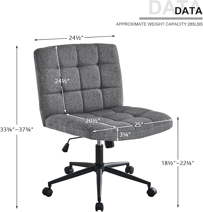 Furnimart Criss Cross Desk Char Wide Seat with Wheels, 360° Swivel Cross Legged Desk Chair Thick Cushion, Comfy Armless Home Office Chair for Bedroom, Vanity, Sturdy (Linen Gray)