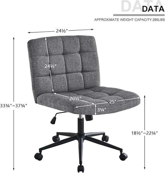 Furnimart Criss Cross Desk Char Wide Seat with Wheels, 360° Swivel Cross Legged Desk Chair Thick Cushion, Comfy Armless Home Office Chair for Bedroom, Vanity, Sturdy (Linen Gray)