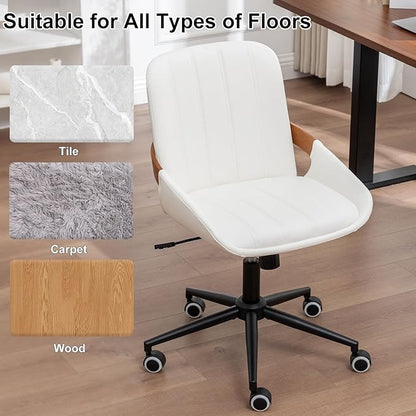 Small Home Office Chair No Arms,PU Leather Desk Chair with Wheels,Adjustable Height Work Chair,360° Swivel Computer Desk Chair for Office, Reading and Study (Beige)