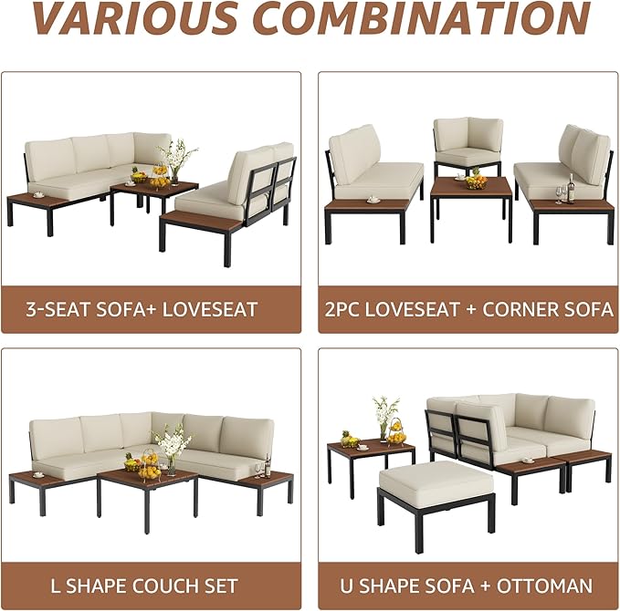 NATURAL EXPRESSIONS Patio Furniture Sets, Metal Outdoor Sectional L Shape Corner Sofa Outdoor Couch with Detachable Backrest,3 Fauxwood Tables,Black Frame,Beige Olefin Cushions for Yard,Garden