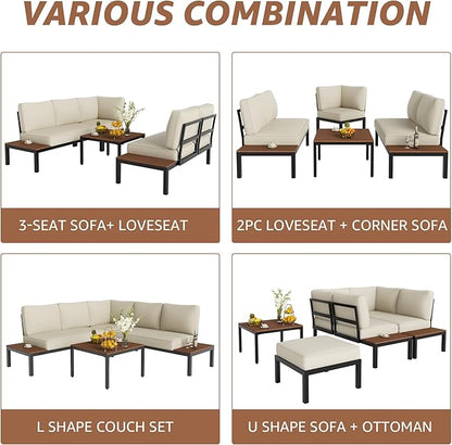 NATURAL EXPRESSIONS Patio Furniture Sets, Metal Outdoor Sectional L Shape Corner Sofa Outdoor Couch with Detachable Backrest,3 Fauxwood Tables,Black Frame,Beige Olefin Cushions for Yard,Garden