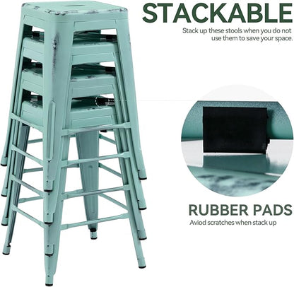 Vogue Furniture Direct 24 Inch Metal Bar Stools, Backless Counter Height Barstools, Indoor Outdoor Stackable Stools with Square Seat, Set of 4 (Distressed Mint Green)