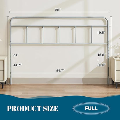 Metal Full Size Headboard, Sturdy and Durable Iron Headboard Adjustable Height from 34” to 44”, Victorian Vintage Full XL Bed Headboards, Farmhouse Head Board, Bed Frame Mount Grey