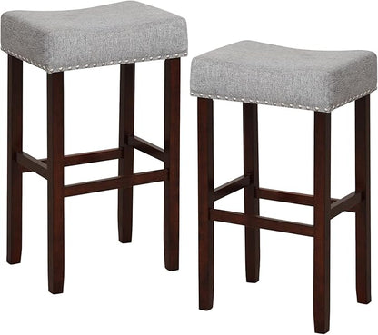 COSTWAY Counter Height Bar Stools Set of 4, 29.5-inch Backless Saddle Stools with Nailhead Trim, Rubber Wood Frame, Footrest, Max Load 330 Lbs, Upholstered Barstools for Kitchen Island Pub, Grey