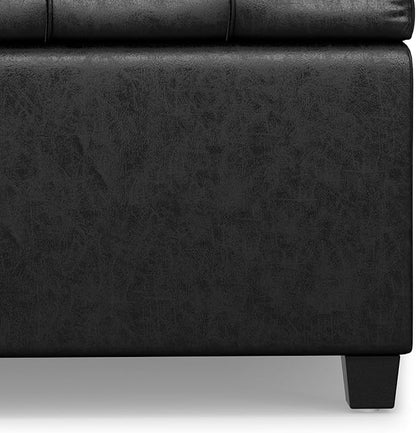 SIMPLIHOME Sienna 33 inch Wide Transitional Rectangle Storage Ottoman Bench in Distressed Black Vegan Faux Leather, Assembled, for The Living Room, Entryway and Family Room