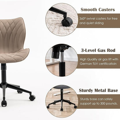 YOUNUOKE Armless Desk Chair Comfy Office Chair with Wheels Home Ergonomic Task Chair Adjustable Computer Chairs Modern Faux Leather Swivel Chair Upholstered Makeup Vanity Chair with Back(Khaki)